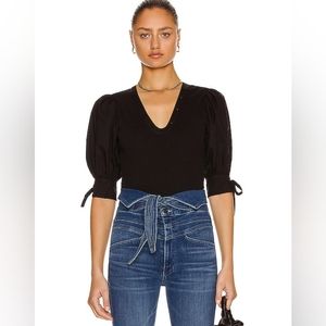 Ulla Johnson Black Puff Sleeve V Neck Tie Cuff Top Cotton Blouse Parisian M